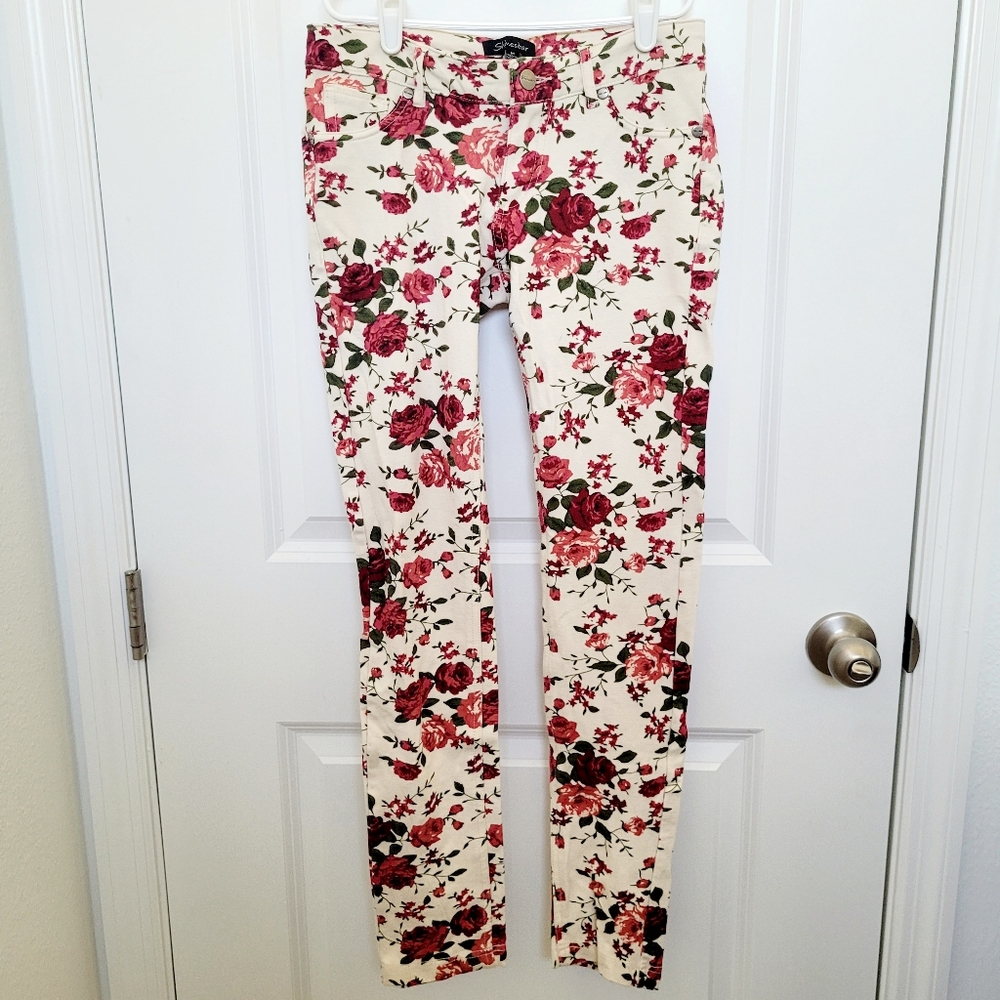 Shinestar Stretchy Flattering Red Pink Floral Rose Skinny Jean Jeggings Medium